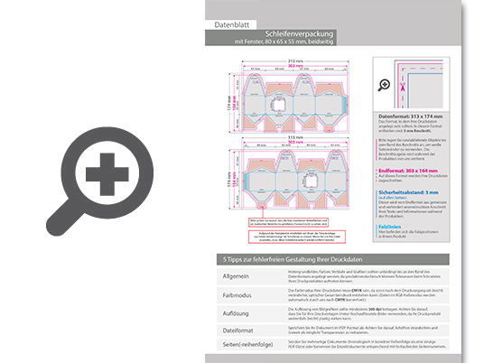 Product Bild schleifenverpackung_(8_cm_x_6_5_cm_x_5_5_cm)_beidseitig_bedruckt_5_4-farbig_(cmyk_+_sonderfarbe)_mit_gestanztem_fenster